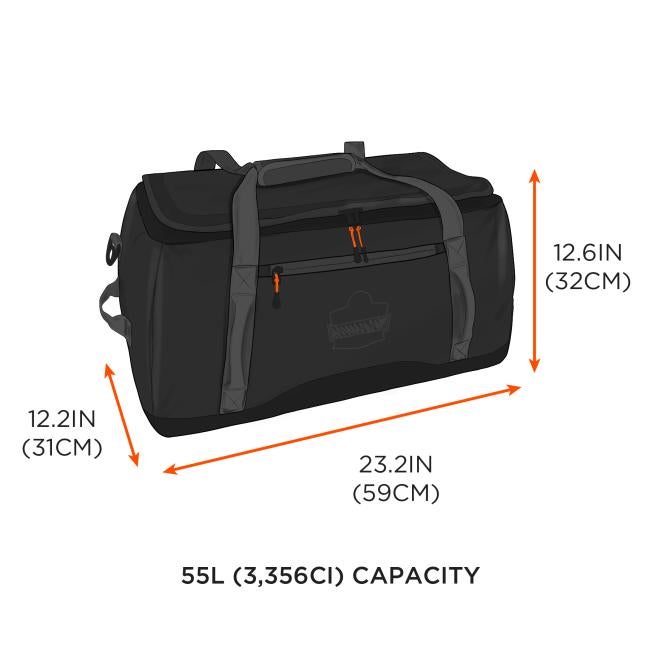 23.2in (59cm) length by 12.2in (31cm) width by 12.6in (32cm) height. 55L (3,356ci) capacity.