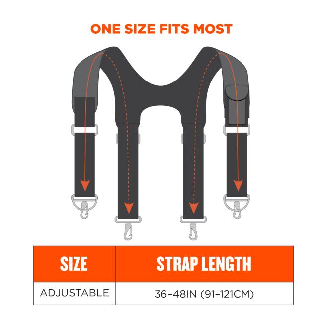 Size chart. One size fist most. Adjustable size. Strap length: 36-48in (91-121cm)