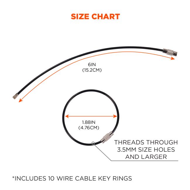 Size chart. Rings are 6in (15.2cm) in length when open and 1.88in (4.76cm) in diameter when closed. Rings thread through 3.5mm size holes and larger. *includes 10 wire cable key rings.