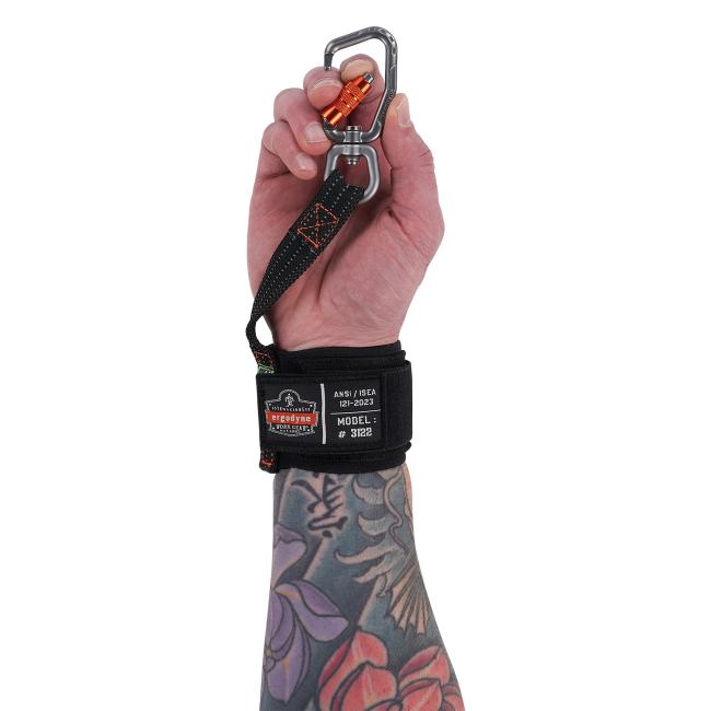 pull-on wrist lanyard with carabiner open in hand