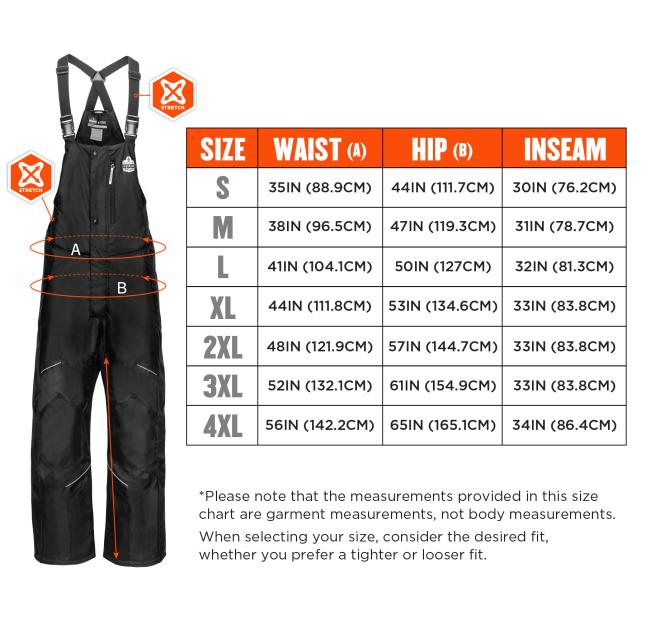 Sizing chart. Small (S): Waist 35IN (88.9CM), Hip 44IN (111.7CM), Inseam 30IN (76.2CM). Medium (M): Waist 38IN (96.5CM), Hip 47IN (119.3CM), Inseam 31IN (78.7CM). Large (L): Waist 41IN (104.1CM), Hip 50IN (127CM), Inseam 32IN (81.3CM). Extra Large (XL): Waist 44IN (111.8CM), Hip 53IN (134.6CM), Inseam 33IN (83.8CM). 2X Large (2XL): Waist 48IN (121.9CM), Hip 57IN (144.7CM), Inseam 33IN (83.8CM). 3X Large (3XL): Waist 52IN (132.1CM), Hip 61IN (154.9CM), Inseam 33IN (83.8CM). 4X Large (4XL): Waist 56IN (142.2C