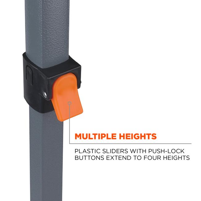 Multiple heights. Pull pin slider legs extend to three heights, ranging from 5.8 ft to 6.5 ft or 1.8 m to 2 m.