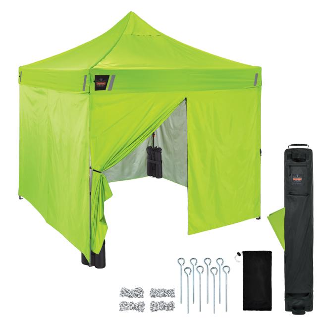 Fully enclosed tent shown with zippered entry opening and interior setup. Includes weight bags ground stakes ropes and roller storage bag for complete use and transport .