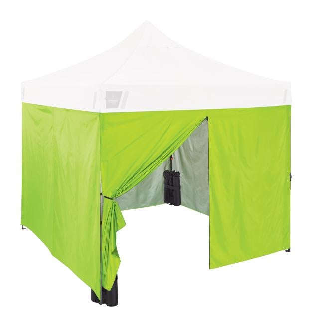 Fully assembled tent shown with complete sidewall enclosure and entry opening. Demonstrates installed configuration with attached sidewalls for full coverage.