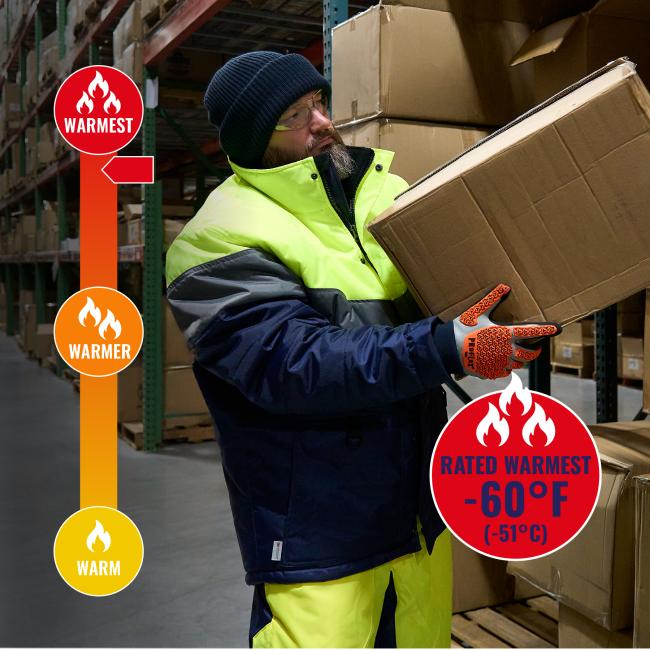 Jacket is rated warmest to -60 degrees fahrenheit or -51 degrees celsius.