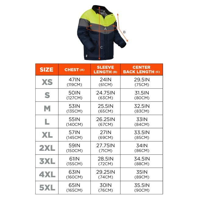 Size chart. Extra Small (XS): Chest 47IN (119CM) Sleeve Length 24IN (61CM) Center Back Length 29.5IN (75CM). Small (S): Chest 50IN (127CM) Sleeve Length 24.75IN (63CM) Center Back Length 31.5IN (80CM). Medium (M): Chest 53IN (135CM) Sleeve Length 25.5IN (65CM) Center Back Length 32.5IN (83CM). Large (L): Chest 55IN (140CM) Sleeve Length 26.25IN (67CM) Center Back Length 33IN (84CM). Extra Large (XL): Chest 57IN (145CM) Sleeve Length 27IN (69CM) Center Back Length 33.5IN (85CM). 2X Large (2XL): Chest 59IN (1
