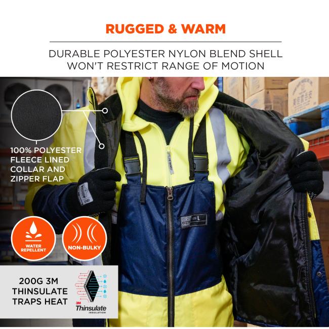 Rugged & Warm. The jacket is made from a durable polyester nylon blend shell, ensuring that it does not restrict movement while maintaining its toughness. The collar and zipper flap are lined with 100% polyester fleece, providing additional warmth. The jacket is also water-repellent to keep moisture out and non-bulky, making it comfortable to wear. It is insulated with 200G 3M Thinsulate, which effectively traps heat for maximum warmth.
