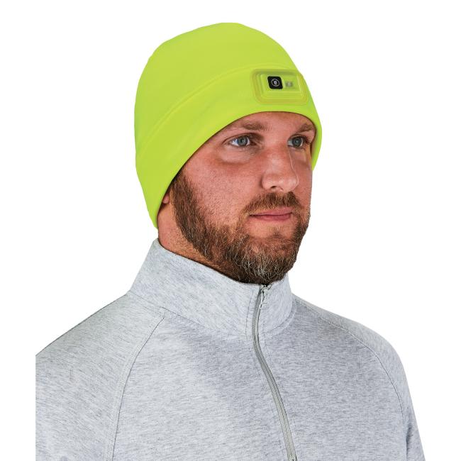 3q view of lime winter skull cap with led light on model