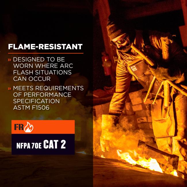 Fire-resistant. Designed to be worn where arc flash situations can occur. Meets requirements of performance specification. Icon on bottom says FR: NFPA 70E CAT 2
