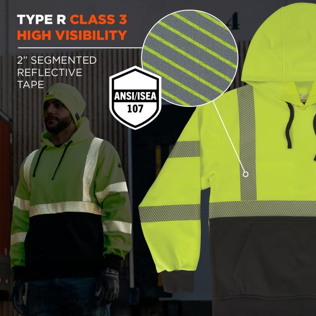 This hoodie is classified as Type R Class 3 high visibility under ANSI/ISEA 107 standards and features 2" solid reflective tape for enhanced safety and visibility on the job.