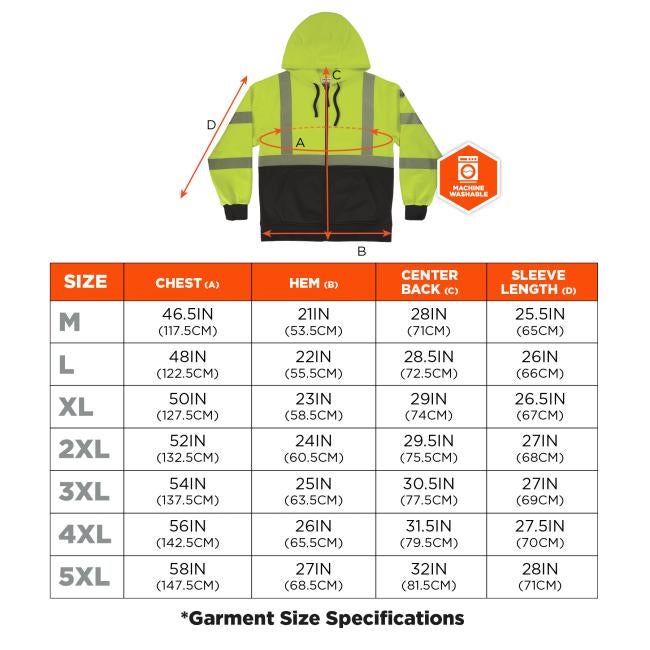 Size chart. Medium M Chest 46.5IN 117.5CM Hem 21IN 53.5CM Center Back 28IN 71CM Sleeve Length 25.5IN 65CM. Large L Chest 48IN 122.5CM Hem 22IN 55.5CM Center Back 28.5IN 72.5CM Sleeve Length 26IN 66CM. Extra Large XL Chest 50IN 127.5CM Hem 23IN 58.5CM Center Back 29IN 74CM Sleeve Length 26.5IN 67CM. 2X Large 2XL Chest 52IN 132.5CM Hem 24IN 60.5CM Center Back 29.5IN 75.5CM Sleeve Length 27IN 68CM. 3X Large 3XL Chest 54IN 137.5CM Hem 25IN 63.5CM Center Back 30.5IN 77.5CM Sleeve Length 27IN 69CM. 4X Large 4XL C