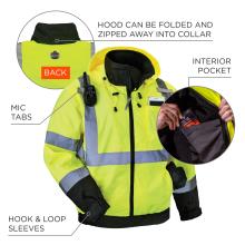 Jacket features a hood that can be folded and zipped away into collar, mic tabs, interior pocket, and hook and loop sleeves.