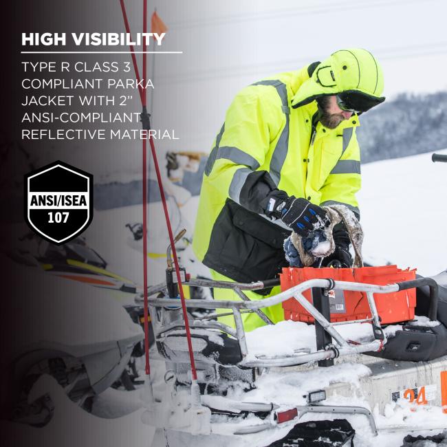 High visibility. Type R Class 3 compliant parka jacket with 2 inch ANSI-compliant reflective material.