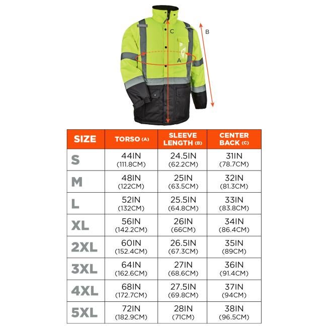 Size chart. Small S: Torso 44IN 111.8CM. Sleeve Length 24.5IN 62.2CM. Center Back 31IN 78.7CM. Medium M: Torso 48IN 122CM. Sleeve Length 25IN 63.5CM. Center Back 32IN 81.3CM. Large L: Torso 52IN 132CM. Sleeve Length 25.5IN 64.8CM. Center Back 33IN 83.8CM. Extra Large XL: Torso 56IN 142.2CM. Sleeve Length 26IN 66CM. Center Back 34IN 86.4CM. 2X Large 2XL: Torso 60IN 152.4CM. Sleeve Length 26.5IN 67.3CM. Center Back 35IN 89CM. 3X Large 3XL: Torso 64IN 162.6CM. Sleeve Length 27IN 68.6CM. Center Back 36IN 91.4CM