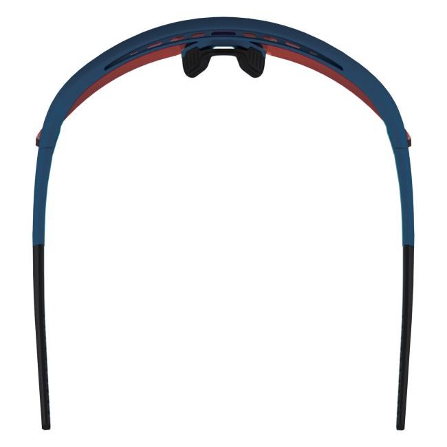 Overhead view of ice blue frame red lens high contrast safety glasses