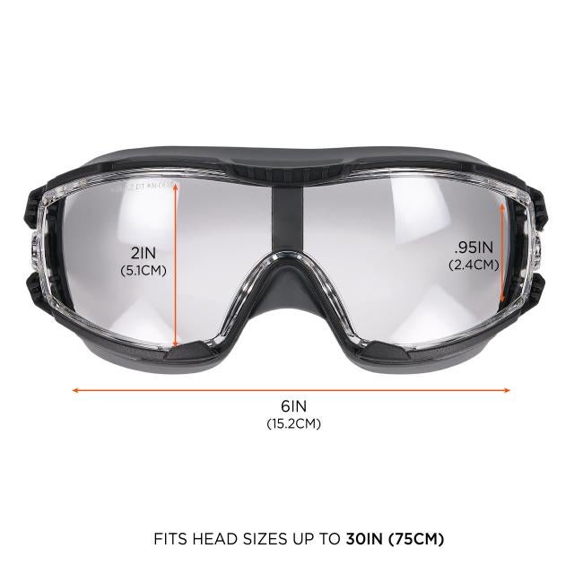 The goggles measure 2IN (5.1CM) in height on the left lens and 0.95IN (2.4CM) on the right lens, with a total width of 6IN (15.2CM). They fit head sizes up to 30IN (75CM).